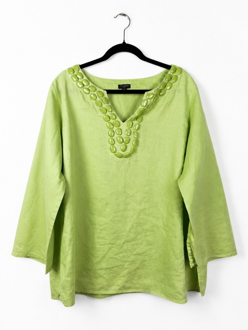 Talbots Woman 2X 100% Linen Beaded Tunic Top Lime Green Boho Coastal Luxe